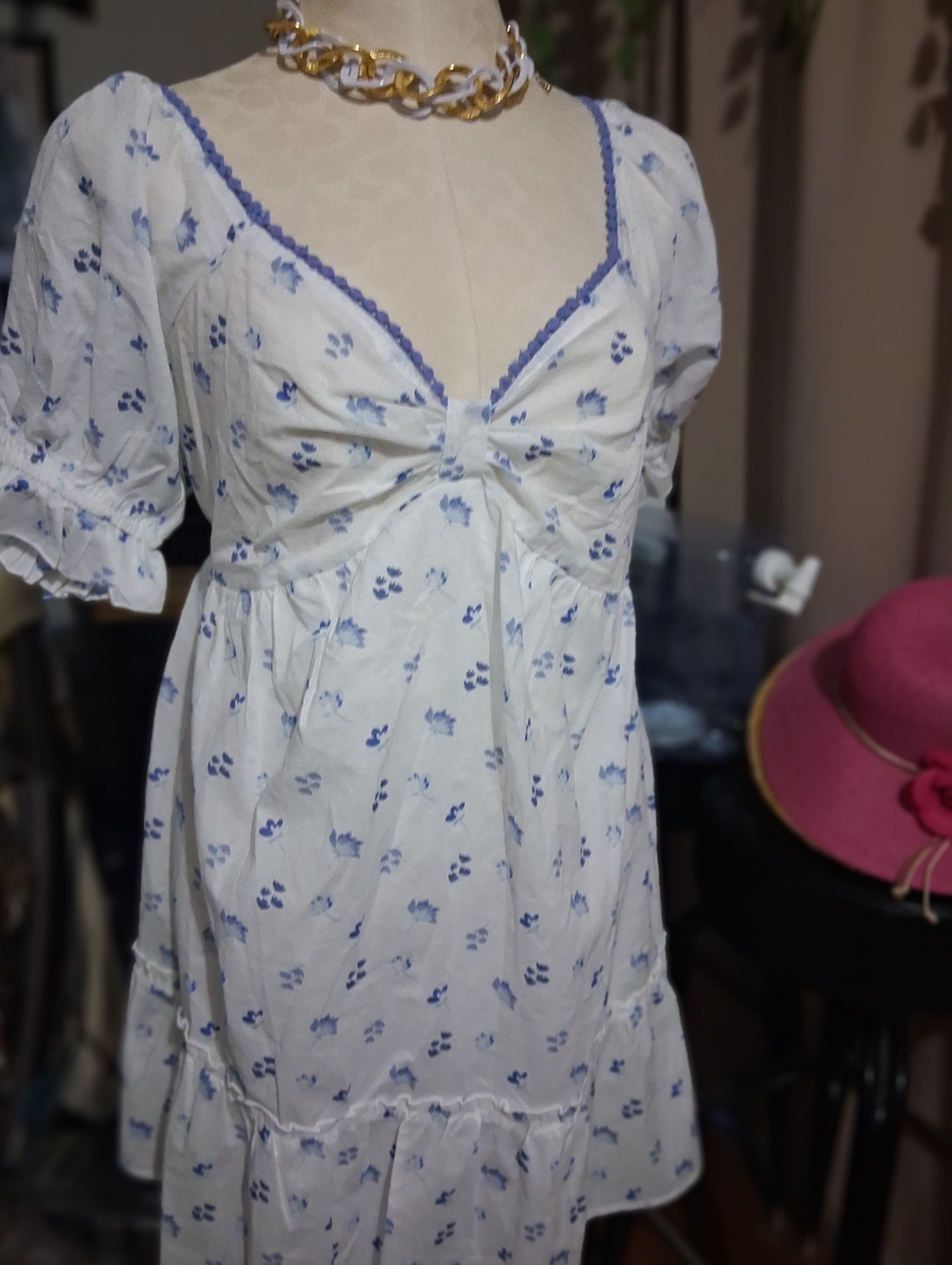 Simply Southern White Nightdress with Blue Floral Trim L
